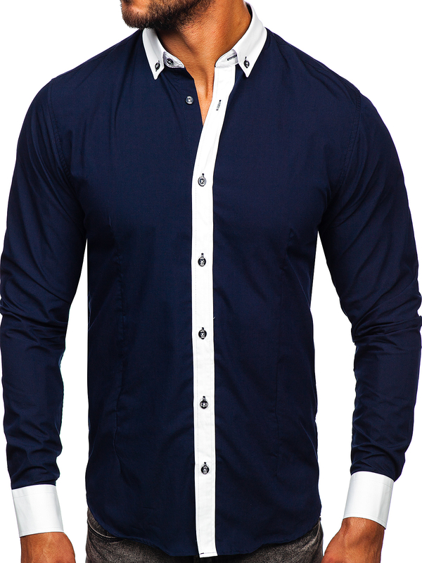 Chemise élégante à manche longue pour homme bleue foncée Bolf 21750