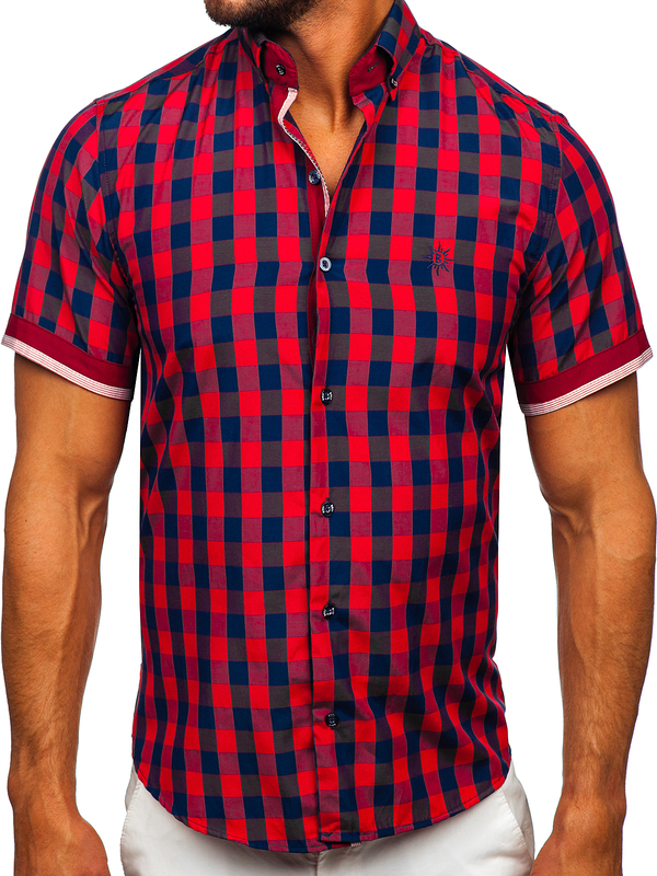 Chemise à manches courtes bordeaux à carreaux pour homme Bolf 4508