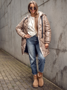 Femme Blouson d'hiver matelassée à capuche long Camel Bolf 5M3189