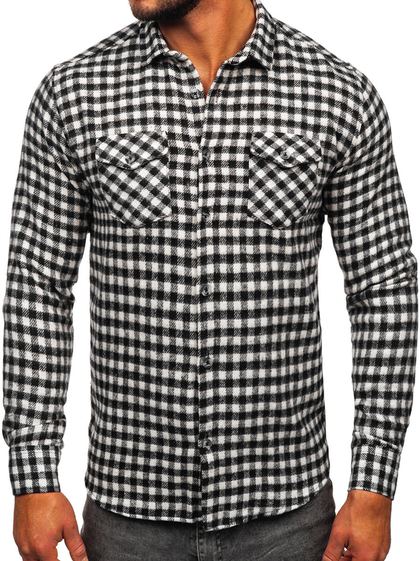 Chemise en flanelle à carreaux à manche longue pour homme noire-blanche Bolf 22701