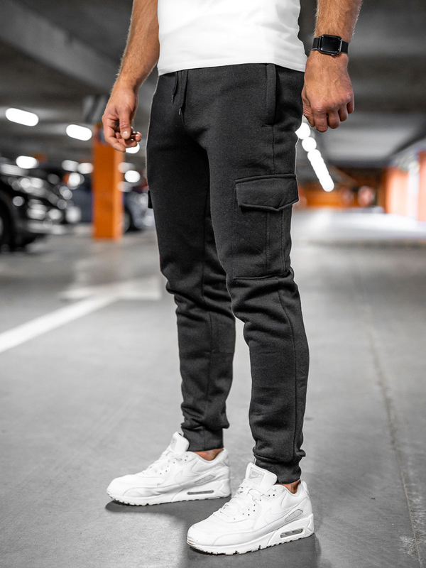 Homme Pantalon jogger cargo épais Noir Bolf JX326A