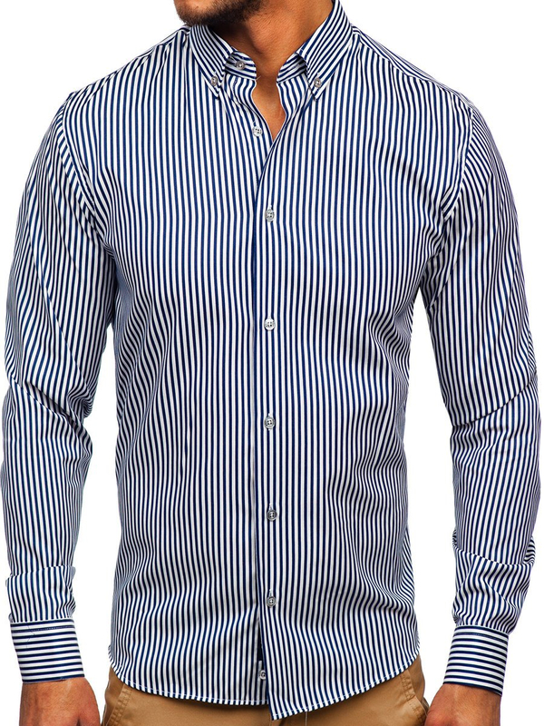 Chemise à manches longues pour homme bleue foncée rayée Bolf 20726