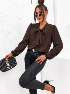 Blouse élégante pour femme, à manches longues, avec nœud, chocolat, Bolf 500