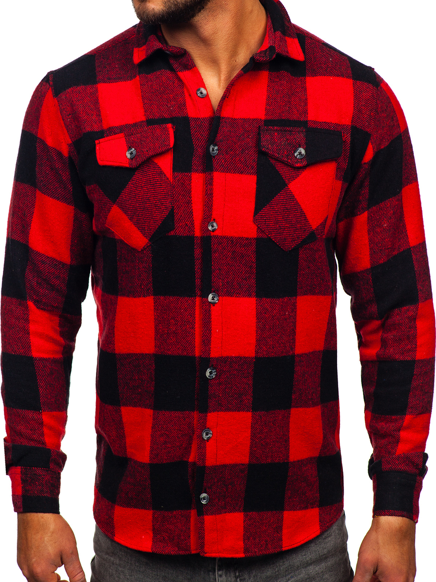 Chemise en flanelle à manche longue pour homme noire-rouge Bolf