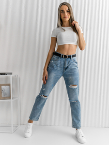 Pantalon en jean mom fit avec ceinture pour femme bleu Bolf DM321M