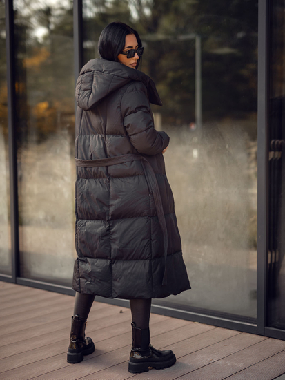 Femme Blouson d'hiver longue matelassée à capuche Noir Bolf 5M3227