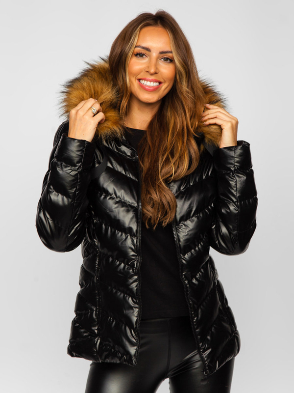 Blouson d'hiver à capuche matelassé pour femme noir-marron Bolf 5M773
