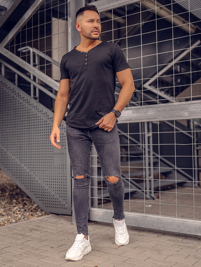 T-shirt noir uni en coton à col en V pour homme Bolf 4049A