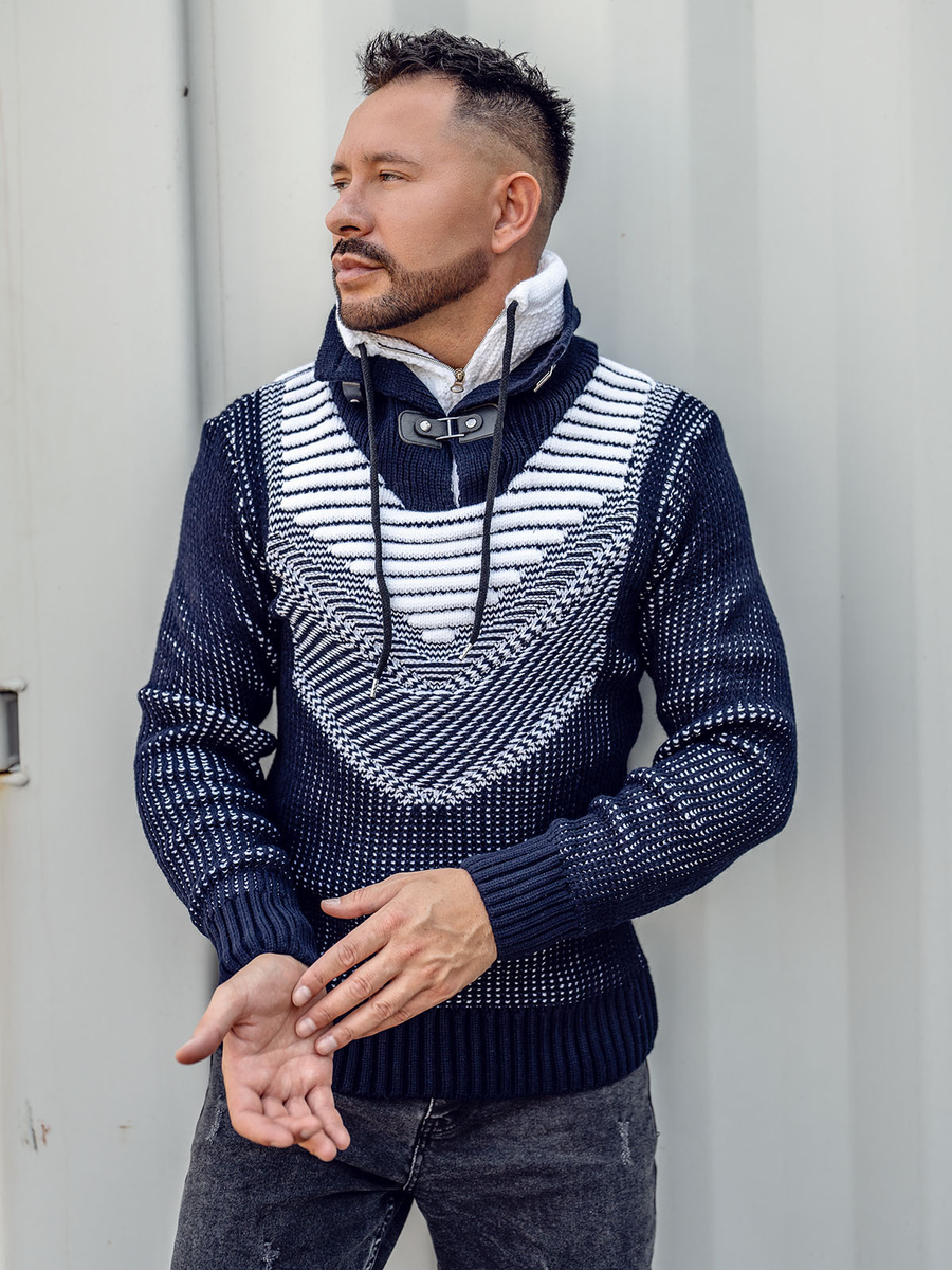 Pull épais à col montant pour homme bleu foncé Bolf 2027