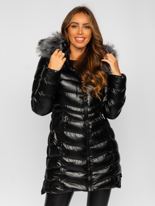 Blouson d'hiver long matelassé à capuche pour femme noir Bolf 7076