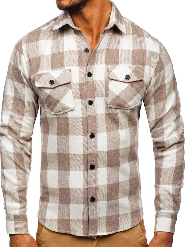 Chemise en flanelle à manches longues pour homme beige Bolf 20723