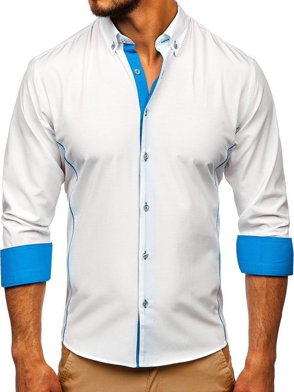 La chemise élégante avec les manches longues pour homme blanche-bleue Bolf 5722-1-A