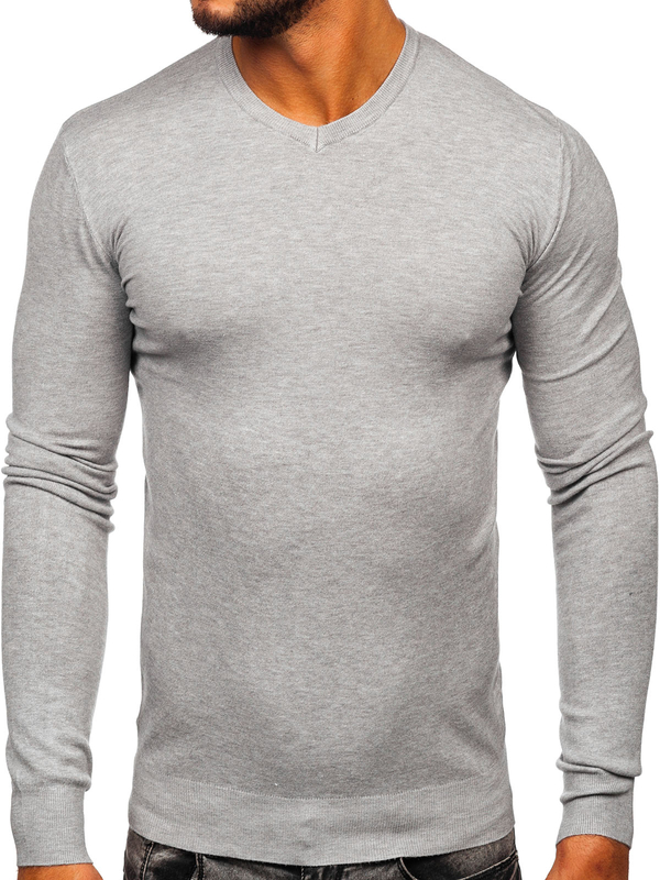 Homme Pull uni col V Gris Ciel Bolf YY03