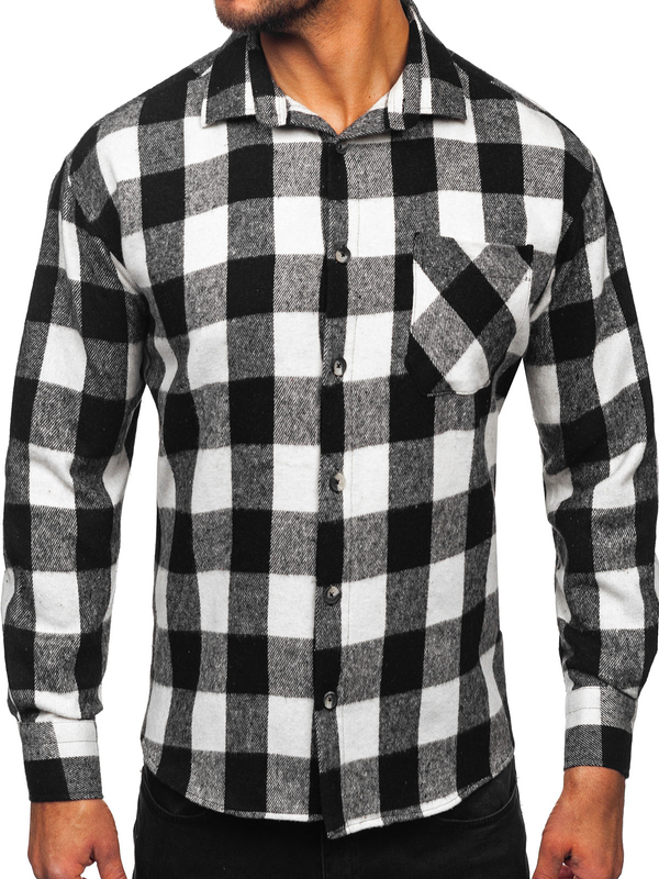 Homme Chemise en flanelle à carreaux et manches longues Blanc-Noir Bolf 2025-1