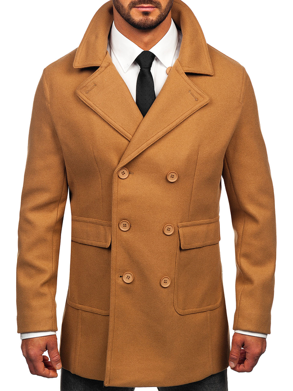 Homme Manteau d'hiver croisé courte Camel Bolf 11Z8215