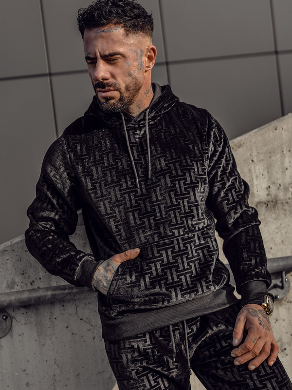 Survêtement en velours à capuche pour homme noir Bolf 3A81