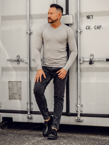 Homme Pull uni col V Gris Ciel Bolf YY03