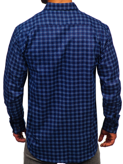 Homme Chemise de flanelle à manches longues à carreaux Bleu foncé-Blanc Bolf F4