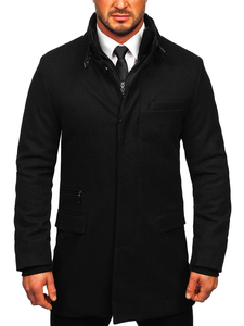 Manteau d'hiver à une rangée avec un col montant supplémentaire amovible pour homme noir Bolf 8802