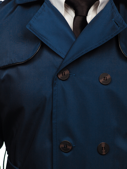 Manteau trench à double boutonnage avec col montant et ceinture pour homme bleu clair Bolf 0001