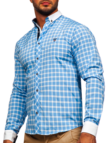 Chemise élégante à manche longue à carreaux pour homme bleue claire Bolf 5737-1