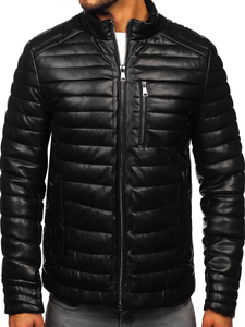 Homme Veste motard matelassée d'hiver en cuir Noir Bolf 11Z8186
