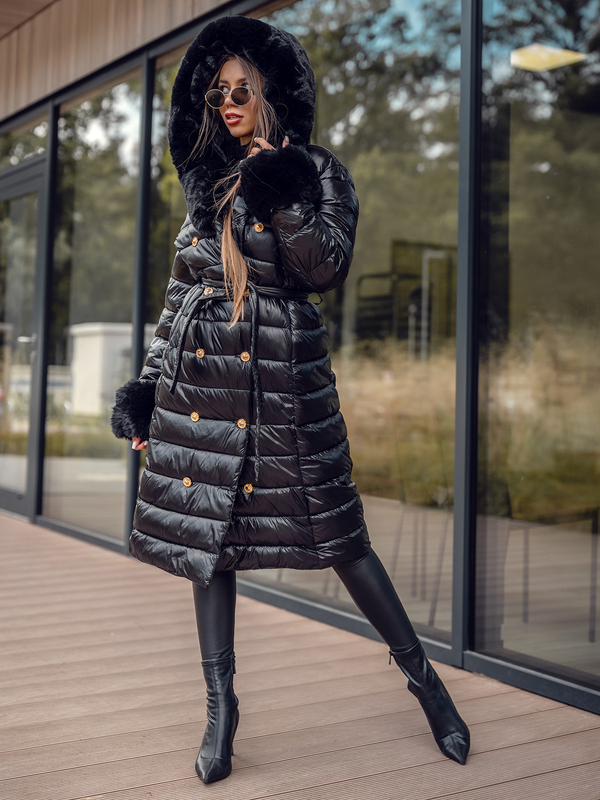 Femme Blouson matelassée d'hiver à capuche longue Noir Bolf 5M3160