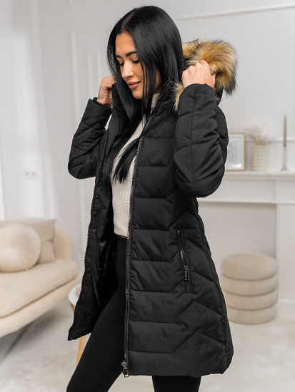Femme Veste d'hiver avec capuche et fourrure Noir-Marron Bolf 16M9121