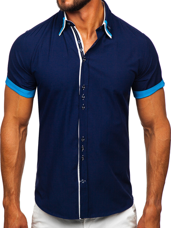 La chemise élégante avec les manches courtes pour homme bleue foncée Bolf 2926