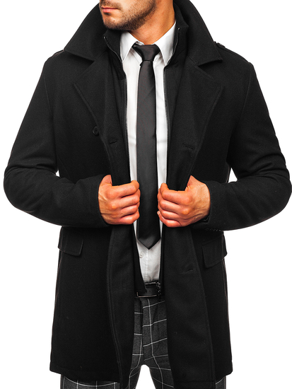 Manteau d'hiver à double boutonnage pour homme noir vec col montant supplémentaire amovible Bolf 8805