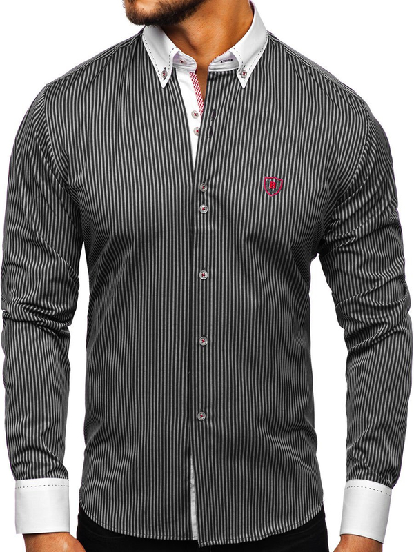 Chemise pour homme rayée à manches longues noire Bolf 9717