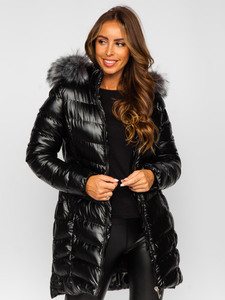 Blouson d'hiver long matelassé à capuche pour femme noir Bolf 7076