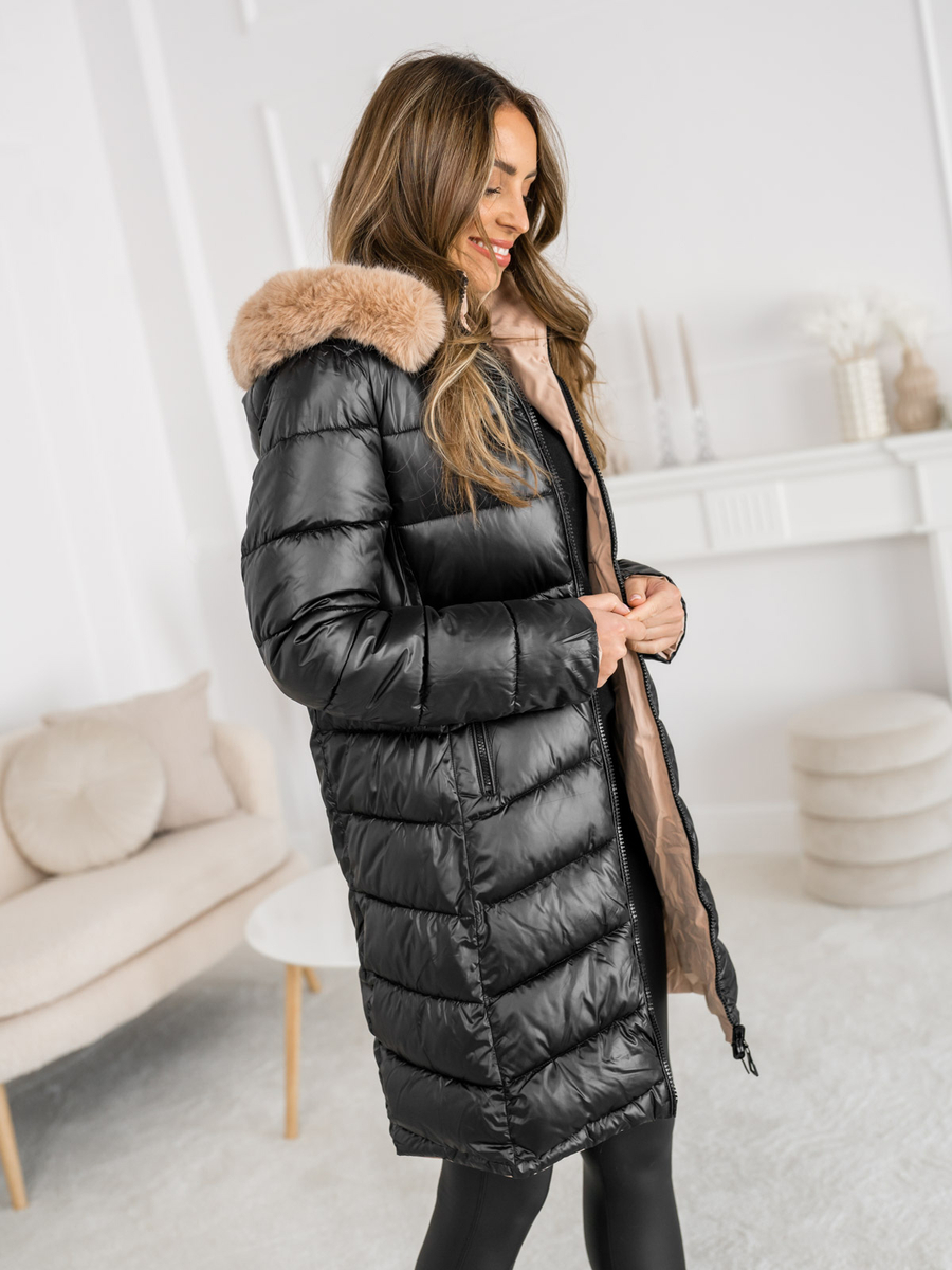 Femme Blouson d'hiver réversible long à capuche Noir Bolf B8202