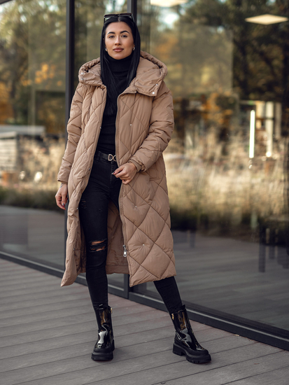 Femme Blouson d'hiver longue matelassée à capuche Camel Bolf 5M3173A