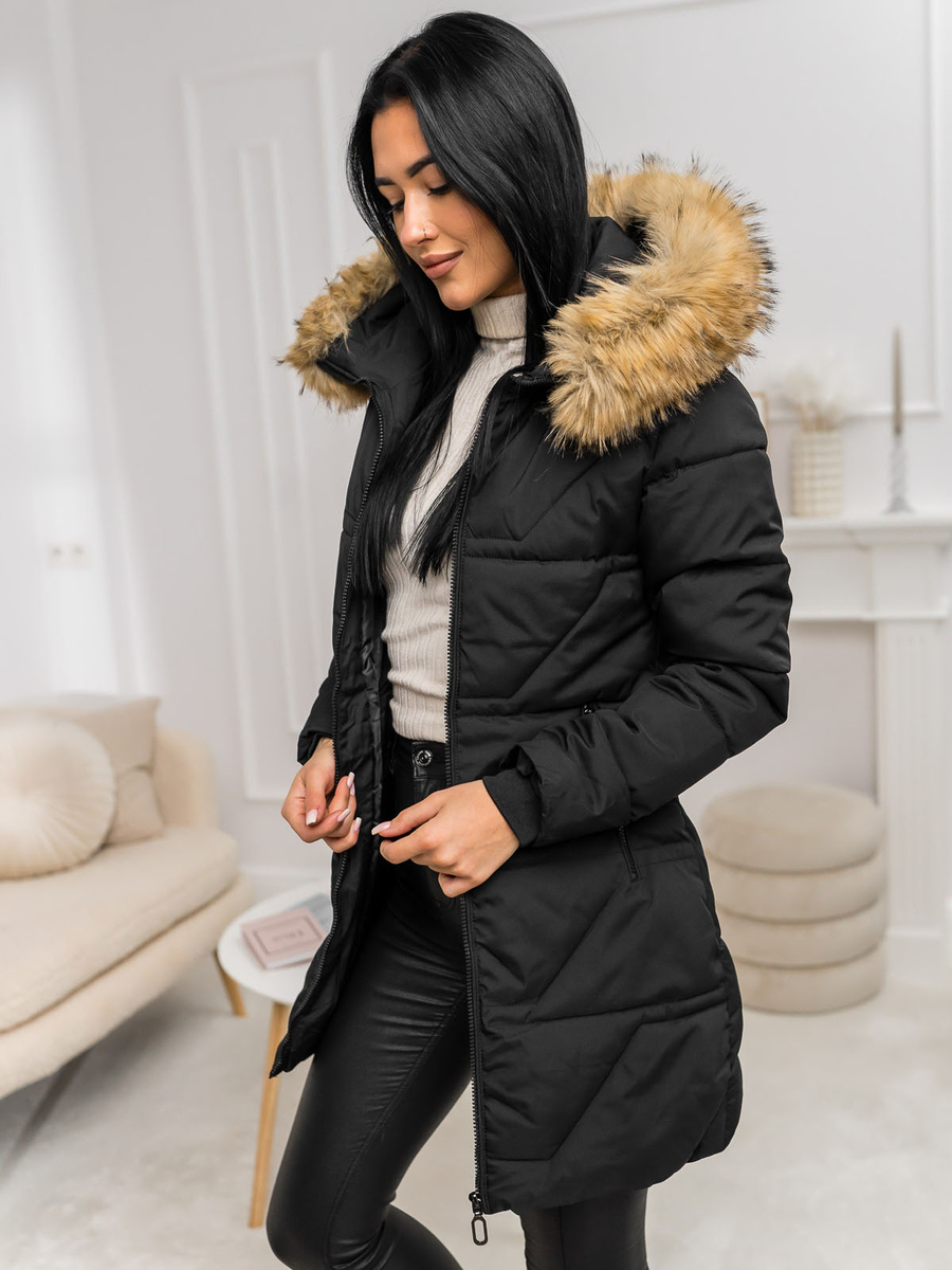 Femme Veste d'hiver avec capuche et fourrure Noir-Marron Bolf 16M9099