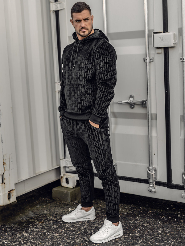 Survêtement en velours à capuche pour homme noir Bolf 3A81-A