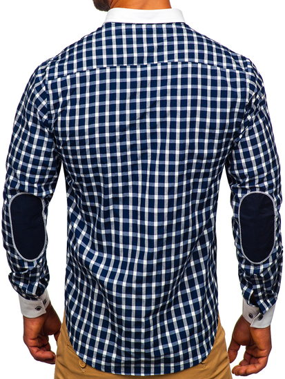 Chemise élégante à manche longue à carreaux pour homme bleue foncée Bolf 5737-1