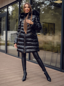 Femme Blouson d'hiver matelassée à capuche long Noir Bolf 5M3162