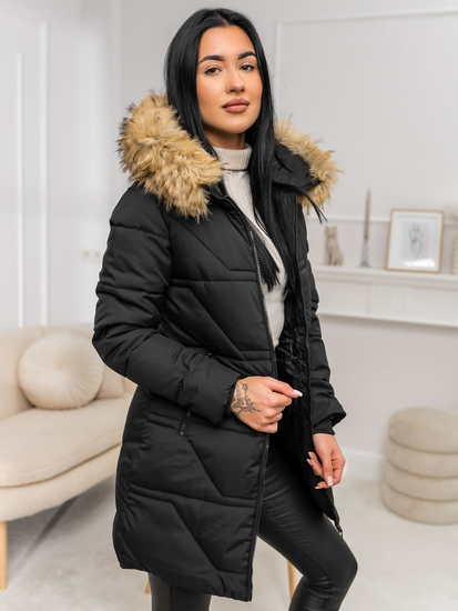Femme Veste d'hiver avec capuche et fourrure Noir-Marron Bolf 16M9099