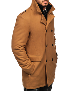 Manteau d'hiver à double boutonnage pour homme camel vec col montant supplémentaire amovible Bolf 8805