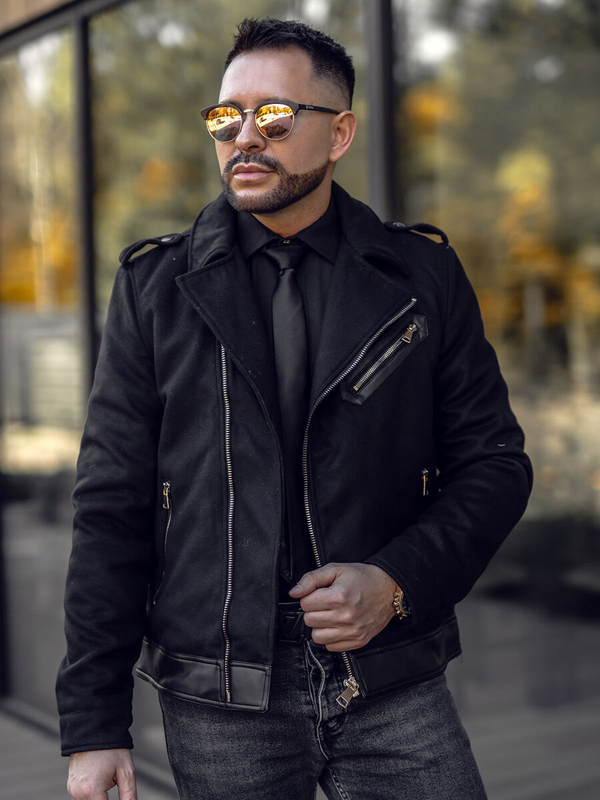 Homme Veste de motard d'hiver en cuir Noir Bolf 79M15501A