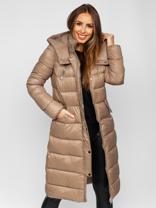 Femme Blouson d'hiver matelassée long à capuche Marron Bolf M689