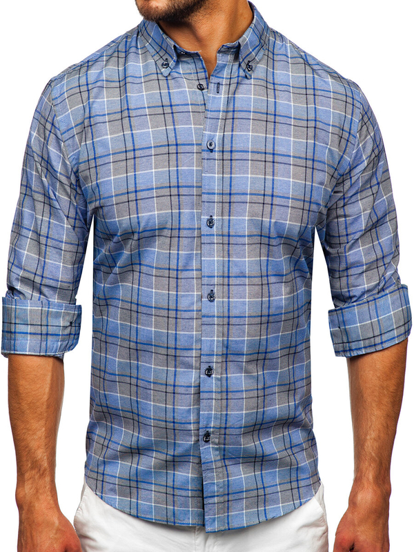 Homme Chemise à carreaux à manche longue Bleu foncé Bolf 22748