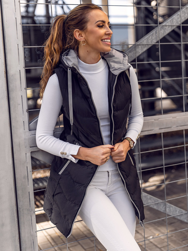 Gilet long matelassé à capuche pour femme noir Bolf 7042