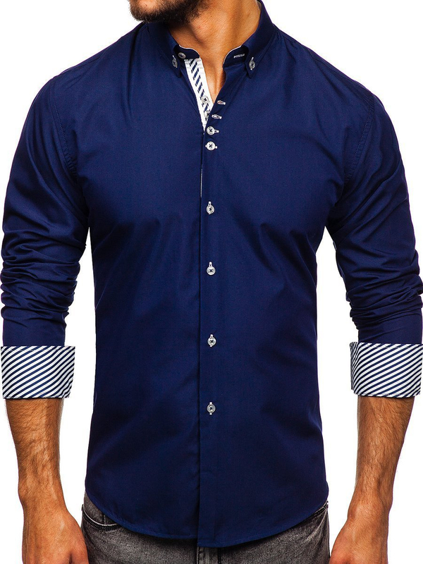 La chemise élégante avec les manches longues pour homme bleue foncée Bolf 5796