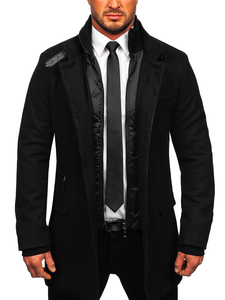 Manteau d'hiver à une rangée avec un col montant supplémentaire amovible pour homme noir Bolf 8802