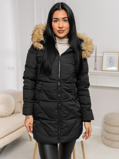 Femme Veste d'hiver avec capuche et fourrure Noir-Marron Bolf 16M9099