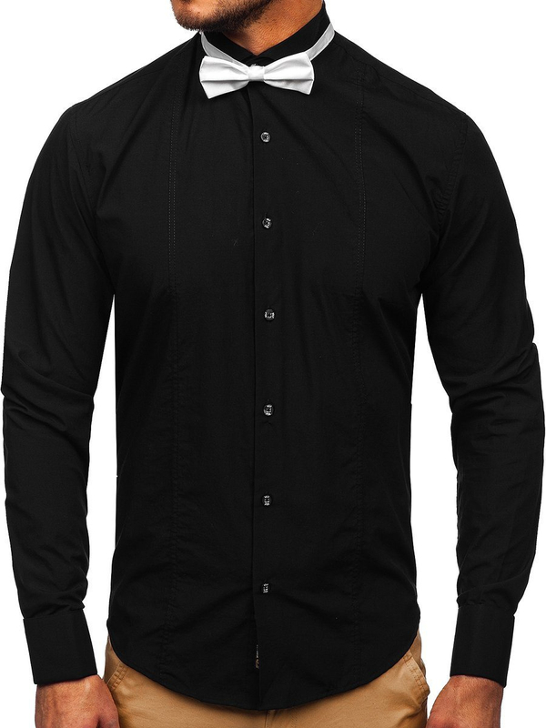 La chemise élégante avec les manches longues pour homme noire Bolf 4702 nœud papillon+boutons
