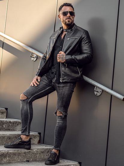 Blouson en cuir biker pour homme noir Bolf 11Z8001