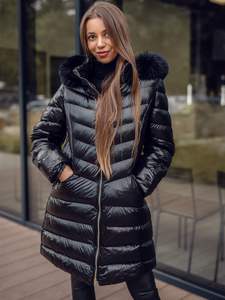 Femme Blouson d'hiver matelassée à capuche long Noir Bolf 5M3162